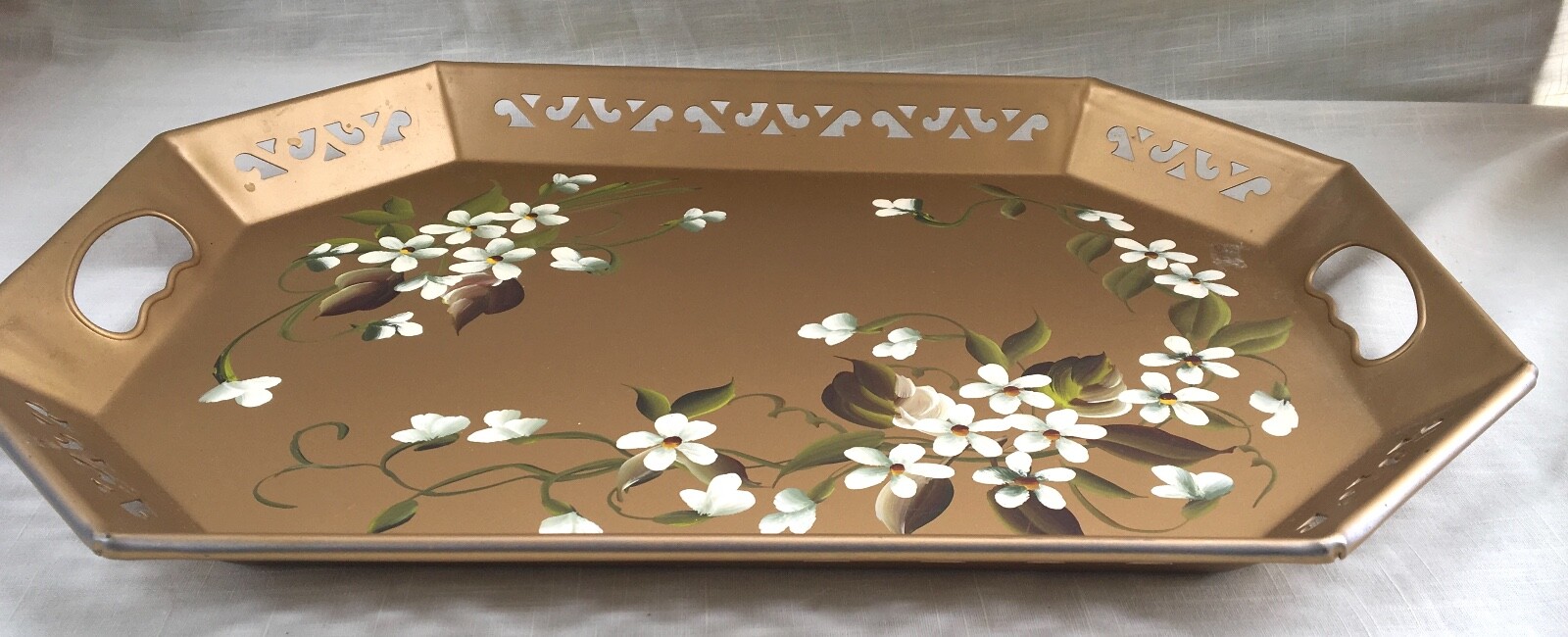 Vintage Tole Painted Hand Decorated Metal Tray - Pilgrim Art # 148 - Gold