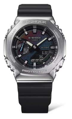 Pre-owned G-shock Casio  Gm2100rw-1a Rainbow Brick Wall Pattern Dial Black Band Watch