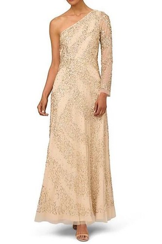 Pre-owned Aidan Mattox Light Gold Beaded One Shoulder Long Sleeve A-line Gown
