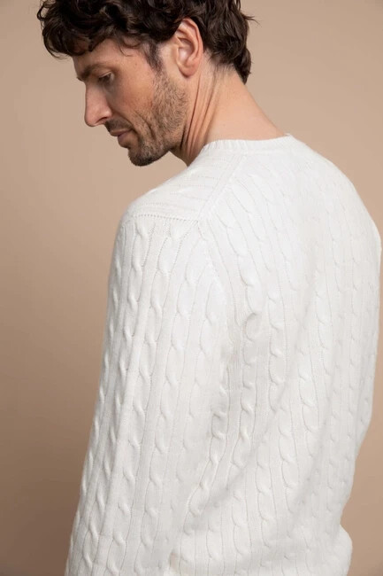 Pre-owned Johnstons Of Scotland 2 Ply Cable Rib Cashmere Sweater Men L $575.00 Orig. In Pale Pale Blue