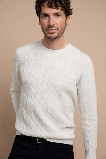 Pre-owned Johnstons Of Scotland 2 Ply Cable Rib Cashmere Sweater Men L $575.00 Orig. In Pale Pale Blue