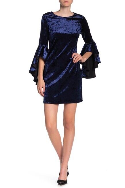 LAUNDRY By Shelli Segal Двустороннее темно-синее черное бархатное платье с рукавами-колокольчиками 2