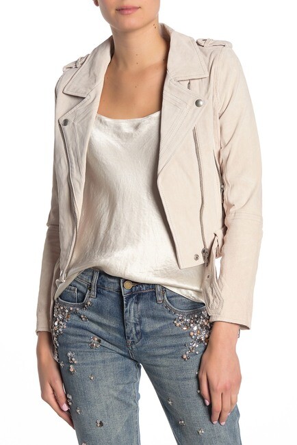 BLANKNYC Denim Morning Suede Moto Jacket in White Sand Size