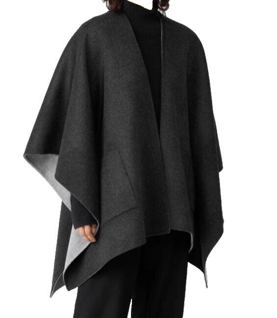 Pre-owned Eileen Fisher Dble-faced Wool / Cashmere Serape Poncho Charcoal/moon One Size In Gray