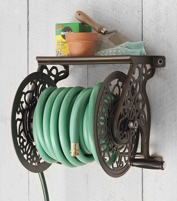Garden Water Hose Reel Wall Mount Metal Hanging Lawn Yard Hand Reels Decorative