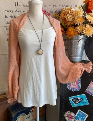 LOGO Lori Goldstein Rose Dust Peach Woven Textured Shrug with Ruffled Cuff New