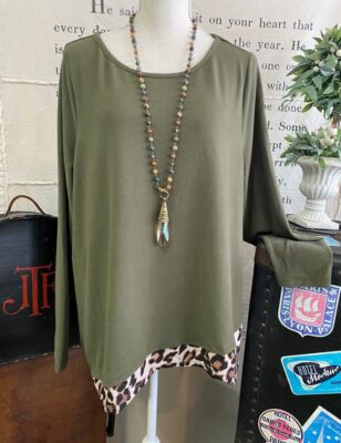 Belle Kim Gravel Loden Green Brushed Knit Top Sheer Animal Trim New Tunic Shirt