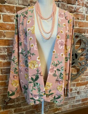 Du Jour Rose Pink Floral Printed Long-Sleeve Open Front Blazer L New