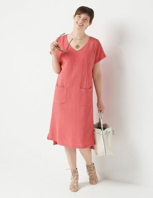Isaac Mizrahi Peach Rose Pink Cotton Gauze V-Neck Dress XS New