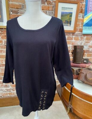 Joan Rivers Black Scoop Neck Sweater Lace Up Detail New 3/4 Sleeve