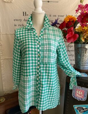 Susan Graver Yarn Dyed Gingham Button Front Shirt Green New