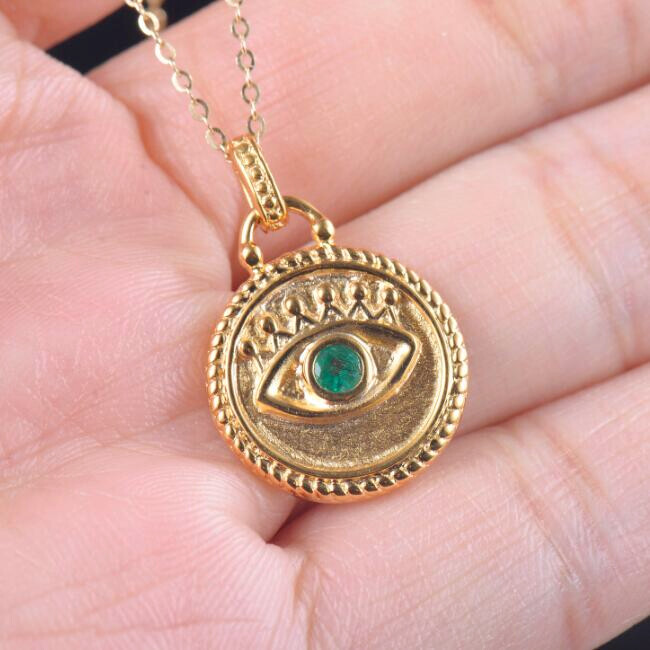 Pre-owned Diamondmounts Natural Green Emerald Evil Eye Lucky Women Pendant Gift Solid 14k Yellow Gold