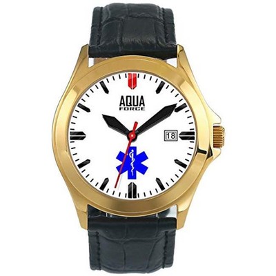 Aquaforce 55EMT Deluxe Leather Strap Analog Watch - Stainless Steel Gold Case