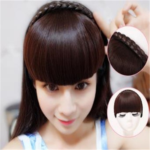 Women Hair Bangs With A Braided Hairband Straight Sides Long Flat