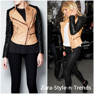 Pre-owned Zara Size M -  Real Leather Biker Jacket With Zips Two Tone Black Camel Coat In Black/ Camel/ Beige