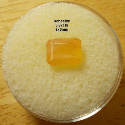 SCHEELITE, 3.87cts, EXC RARE GEM, YELLOW/GOLD, EMERALD CUT BEAUTY, FREE SHIP