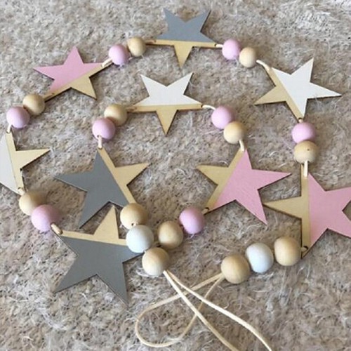 Nordic Wooden Beads Stars Hanging Banners Girl Baby Room Wall Hanging Decor G