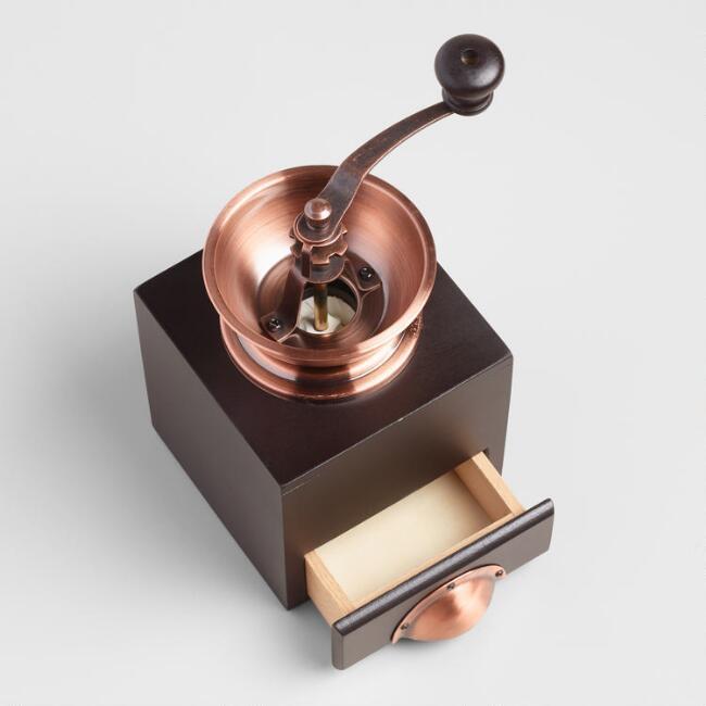 Burr Coffee Grinder Manual Wood Copper Accents Drawer Adjustable Retro Vintage