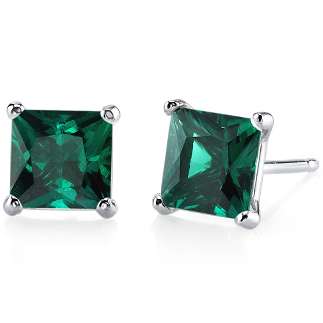 Pre-owned Limor 14k White Gold Princess Cut Green Emerald Earrings 7mm