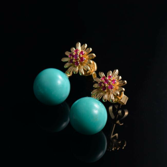 Pre-owned Ruby Natural Red  Blue Turquoise Diamond Dangle Earrings Solid 14k Yellow Gold