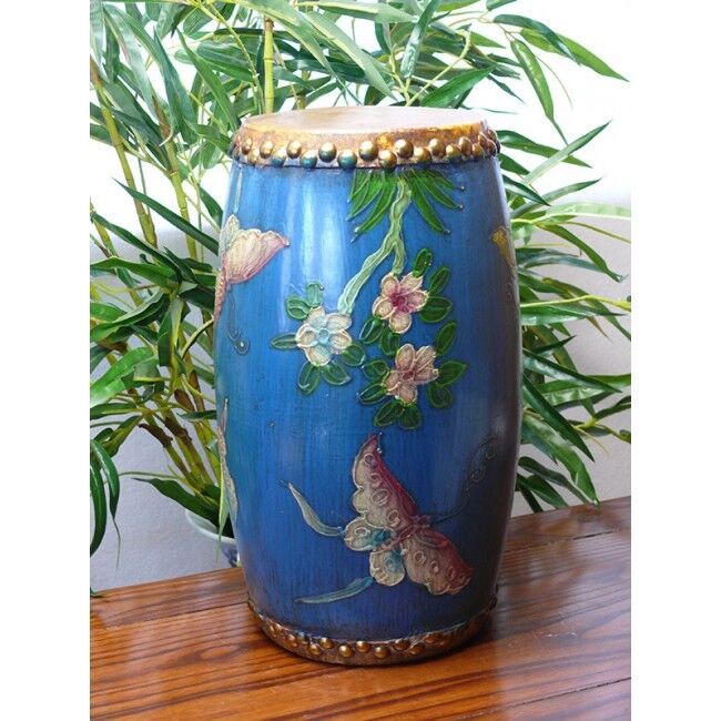 Chinesische Trommel aus Holz handbemalt Deko China Möbel 33 cm Höhe blau
