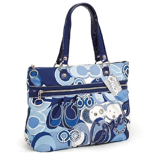 Coach Poppy 15375 Applique Glam Large Denim Blue Fabric Tote