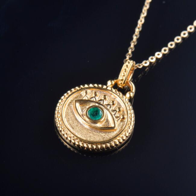 Pre-owned Diamondmounts Natural Green Emerald Evil Eye Lucky Women Pendant Gift Solid 14k Yellow Gold