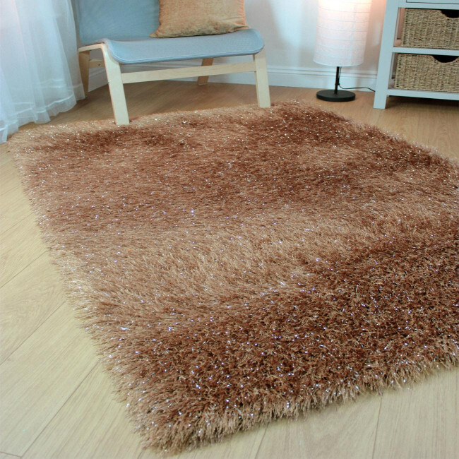 new caramel brown shaggy rug with silver fleck sparkle effect 120 x
