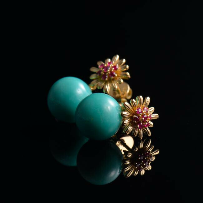 Pre-owned Ruby Natural Red  Blue Turquoise Diamond Dangle Earrings Solid 14k Yellow Gold