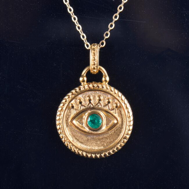 Pre-owned Diamondmounts Natural Green Emerald Evil Eye Lucky Women Pendant Gift Solid 14k Yellow Gold