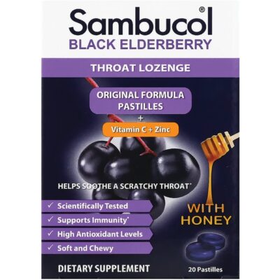 Sambucol Black Elderberry Pastilles Original Formula Throat Lozenge 20 Loz