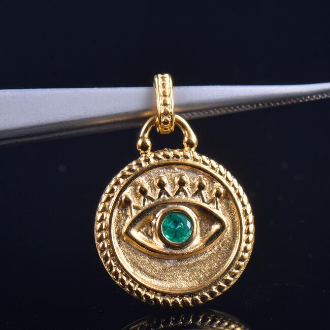 Pre-owned Diamondmounts Natural Green Emerald Evil Eye Lucky Women Pendant Gift Solid 14k Yellow Gold