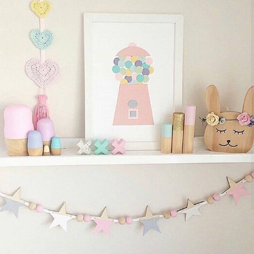 Nordic Wooden Beads Stars Hanging Banners Girl Baby Room Wall Hanging Decor G