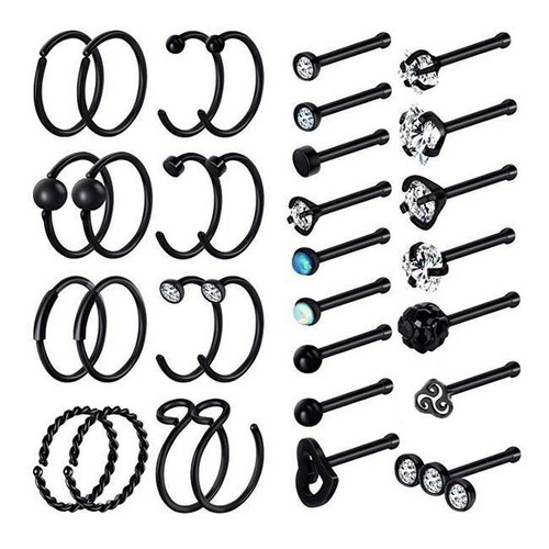 K-STYLEセット 32PCS/LOT Nose Hoop Rings Set Surgical Steel Bar Bone Studs