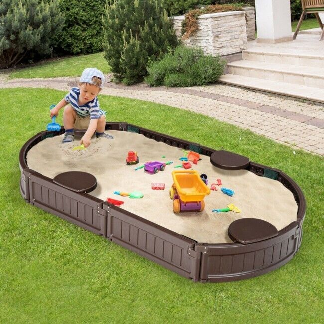 6 Ft Wooden Sandbox w/ Built-in Corner Seat Cover Bottom Liner for Outdoor Play