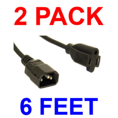 2X 6FT IEC 320 C14 Male Plug to NEMA 5-15R 3 Prong Female Power Cord Cable