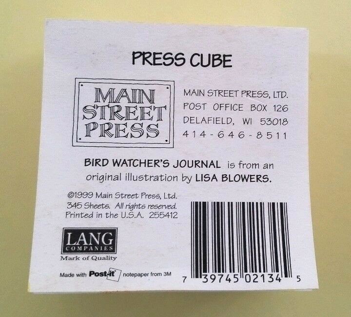 Lang Main Street Press Post It Desk Press Cube - Bird Watcher's Journal - Preown