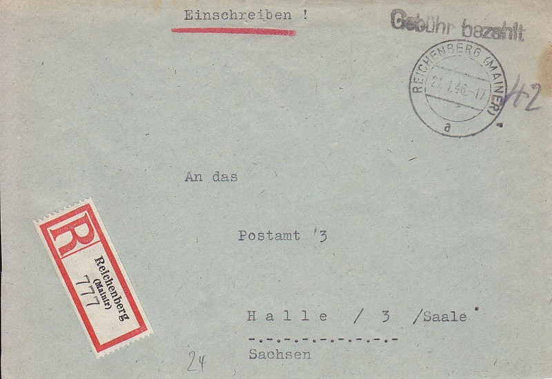 Reichenberg  (Mainfr) - Barfrankatur - GebÜHr Bezahlt - 1946  Einschreiben
