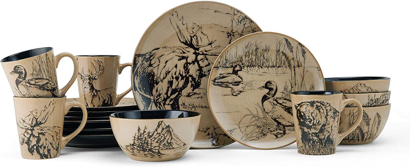 Animal Print 16 Piece Dinnerware Set, Black and Beige