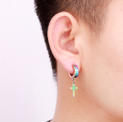 2 Piece Rainbow Cross Hoop Earrings Pair Christian Rock Punk