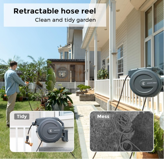Giraffe Tools Retractable Garden Hose Reel 65-155 FT Water Hose Reel Wall-Mount