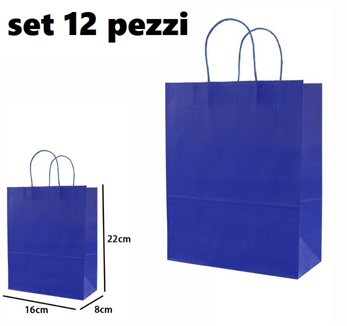 Set 12 Pezzi Buste Borsa Da Regalo Sacchetti Carta Blu 22x16x8cm dfh