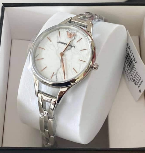 Pre-owned Emporio Armani Ar11167 Marble White Dial Stainless Steel Analog Ladies Watch