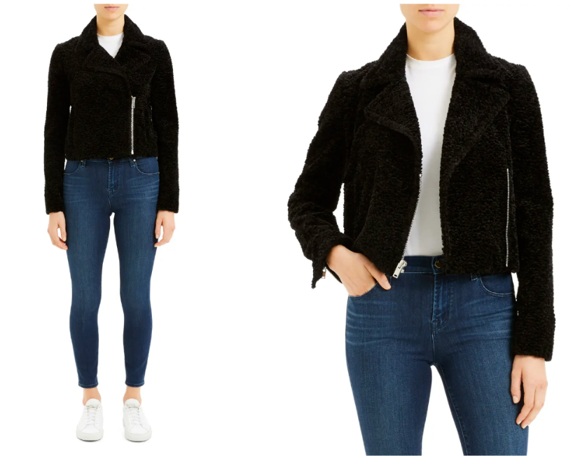 

NEW THEORY Черная укороченная веганская укороченная куртка из искусственного меха с асимметричной молнией, Черный