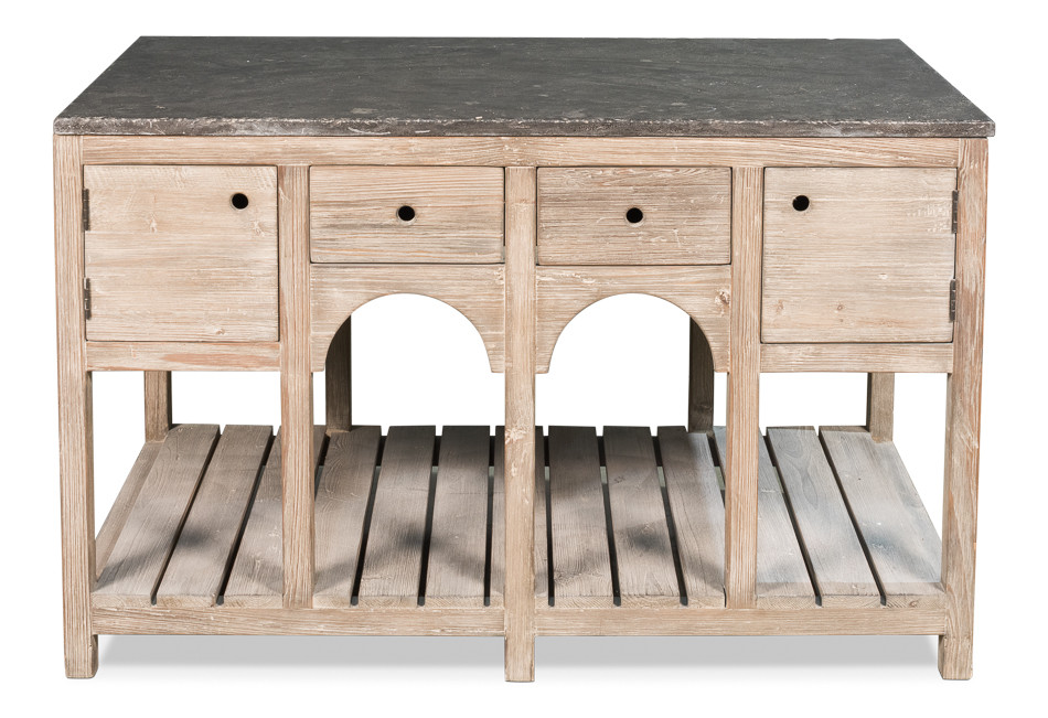 Reclaimed Pine Kitchen Island with a Stone Top