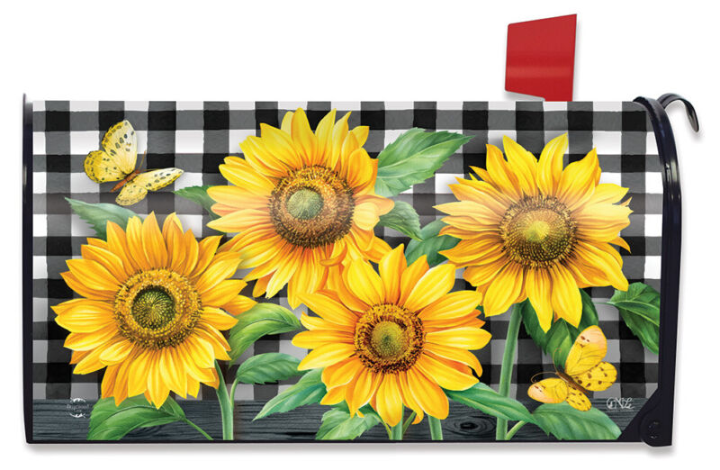 Checkered Sunflowers Summer Magnetic Mailbox Cover Everyday Floral Standard