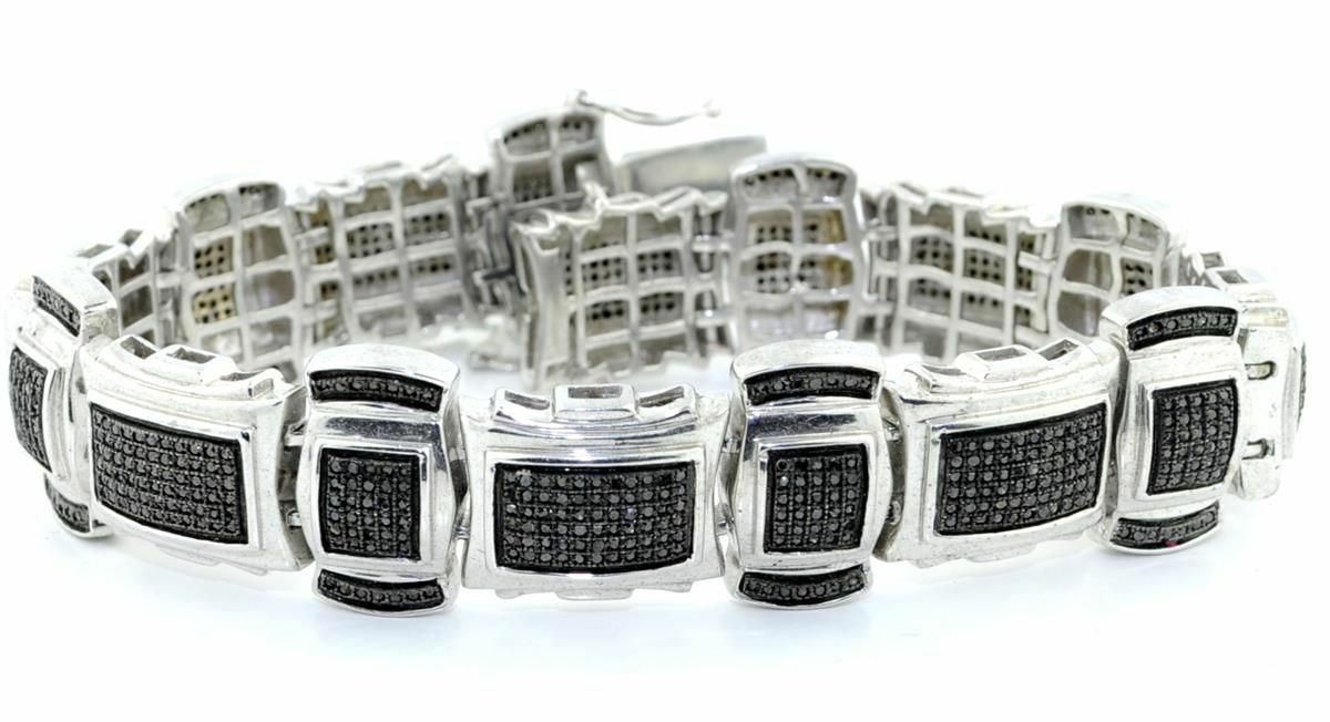 Pre-owned Online0369 5.81 Ct Round Black Cubic Zirconia Mens Wide Link Bracelet 925 Over Silver