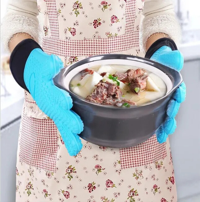 2X Silicone Oven Mitts Extra-long Heat Resistant Kitchen Gloves for Grilling BBQ