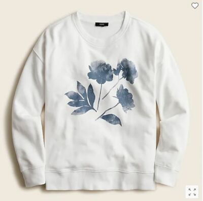 J Crew Women White Blue Floral Cotton Terry Crew Neck Long Sleeve Sweatshirt M