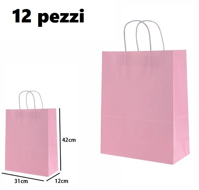 Set 12 Pezzi Buste Borsa Da Regalo Sacchetti Carta Rosa 42x31x12cm dfh